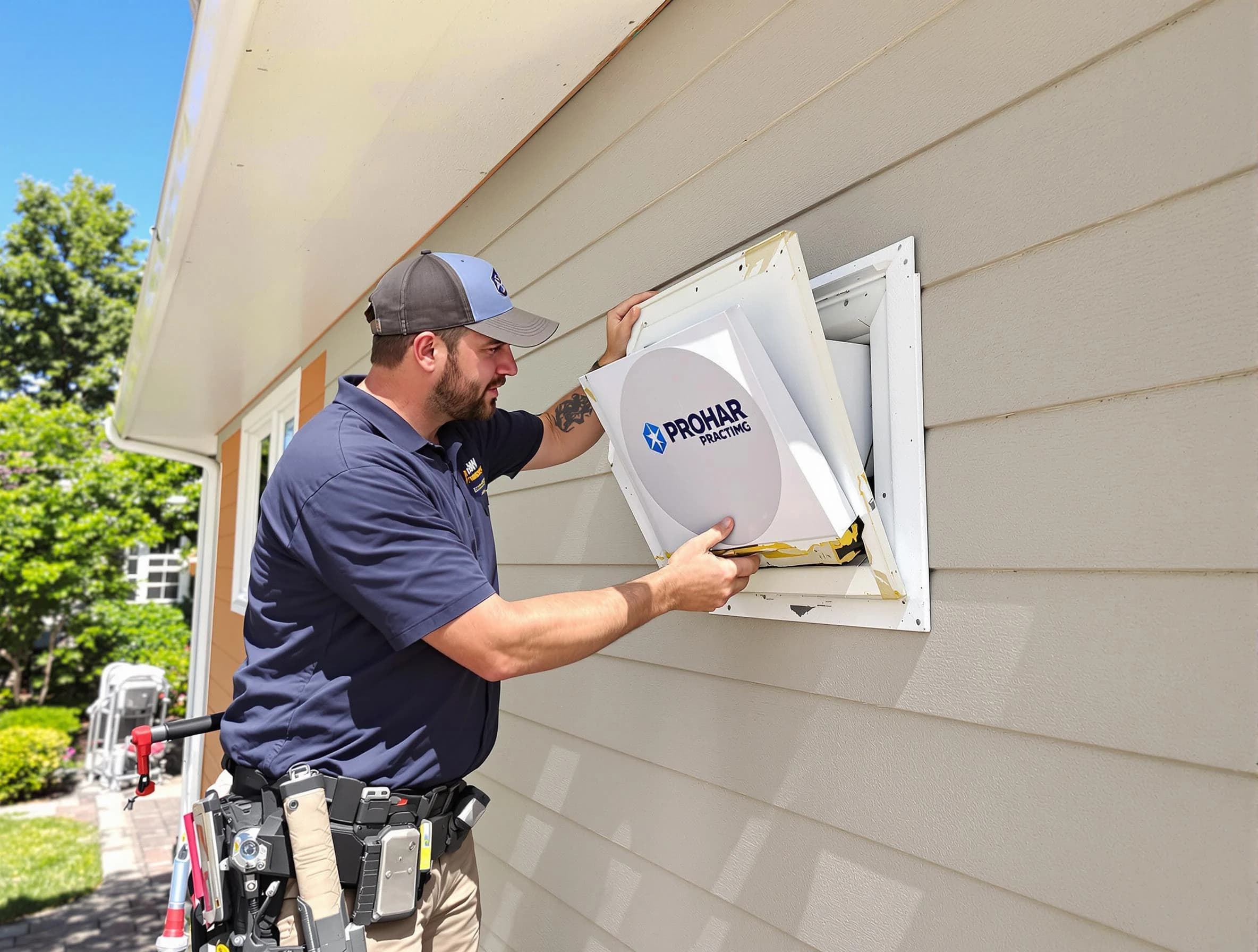 Goodlettsville Dryer Vent Cleaning technician installing a new protective dryer vent cover on a home in Goodlettsville