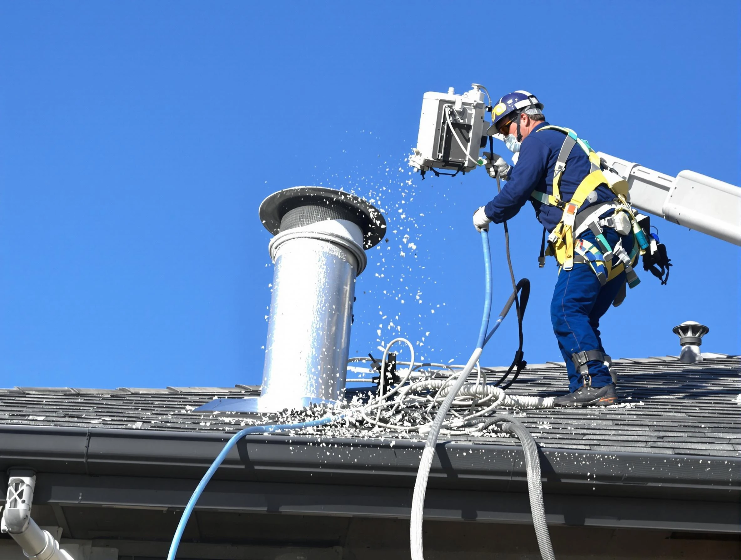 Goodlettsville Dryer Vent Cleaning certified technician safely cleaning a roof-mounted dryer vent in Goodlettsville